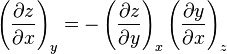 \left(\frac{\partial z}{\partial x}\right)_y = -\left(\frac{\partial z}{\partial y}\right)_x \left(\frac{\partial y}{\partial x}\right)_z