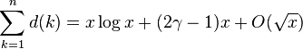 \sum_{k \mathop =1}^n d(k)=x\log x+(2\gamma-1) x + O(\sqrt{x})