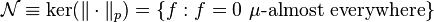 \mathcal{N} \equiv \mathrm{ker}(\|\cdot\|_p) = \{f : f = 0 \ \mu\text{-almost everywhere} \}