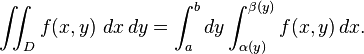 \iint_D f(x,y)\ dx\, dy = \int_a^b dy \int_{\alpha (y)}^{ \beta (y)} f(x,y)\, dx.