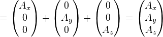 
 = \begin{pmatrix} A_x \\ 0 \\ 0 \end{pmatrix} +
\begin{pmatrix} 0 \\ A_y \\ 0 \end{pmatrix} +
\begin{pmatrix} 0 \\ 0 \\ A_z \end{pmatrix} 
  = \begin{pmatrix}
A_x \\
A_y \\
A_z \\
\end{pmatrix}
