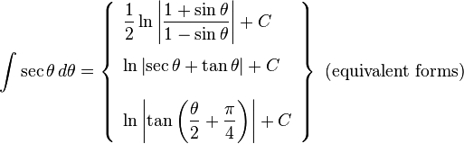 
\int \sec \theta \, d\theta = \left\{\begin{array}{l}
\dfrac12 \ln \left|\dfrac{1+\sin\theta}{1-\sin\theta}\right| + C \\[15pt]
\ln\left|\sec\theta + \tan\theta\right| + C \\[15pt]
\ln\left| \tan\left(\dfrac{\theta}{2} + \dfrac{\pi}{4}\right) \right| + C
\end{array}\right\}\text{ (equivalent forms)}
