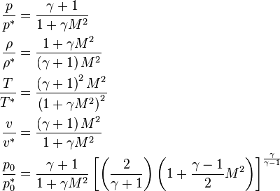 \begin{align}
\frac{p}{p^*} &= \frac{\gamma + 1}{1 + \gamma M^2} \\
\frac{\rho}{\rho^*} &= \frac{1 + \gamma M^2}{\left(\gamma + 1\right)M^2} \\
\frac{T}{T^*} &= \frac{\left(\gamma + 1\right)^2M^2}{\left(1 + \gamma M^2\right)^2} \\
\frac{v}{v^*} &= \frac{\left(\gamma + 1\right)M^2}{1 + \gamma M^2} \\
\frac{p_0}{p_0^*} &= \frac{\gamma + 1}{1 + \gamma M^2}\left[\left(\frac{2}{\gamma + 1}\right)\left(1 + \frac{\gamma - 1}{2}M^2\right)\right]^\frac{\gamma}{\gamma - 1}
\end{align} 