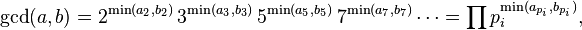 
\gcd(a,b)
=2^{\min(a_2,b_2)}\,3^{\min(a_3,b_3)}\,5^{\min(a_5,b_5)}\,7^{\min(a_7,b_7)}\cdots
=\prod p_i^{\min(a_{p_i},b_{p_i})},
