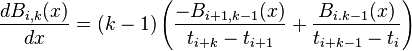 \frac{dB_{i,k}(x)}{dx}=(k-1)\left(\frac{-B_{i+1,k-1}(x)}{t_{i+k}-t_{i+1}}+\frac{B_{i.k-1}(x)}{t_{i+k-1}-t_i}
\right)