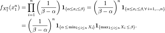 \begin{align}
f_{X_1^n}(x_1^n)
  &= \prod_{i=1}^n \left({1 \over \beta-\alpha}\right) \mathbf{1}_{ \{ \alpha \leq x_i \leq \beta \} }
  = \left({1 \over \beta-\alpha}\right)^n \mathbf{1}_{ \{ \alpha \leq x_i \leq \beta, \, \forall \, i = 1,\ldots,n\}} \\
  &= \left({1 \over \beta-\alpha}\right)^n \mathbf{1}_{ \{ \alpha \, \leq \, \min_{1 \leq i \leq n}X_i \} } \mathbf{1}_{ \{ \max_{1 \leq i \leq n}X_i \, \leq \, \beta \} }.
\end{align}