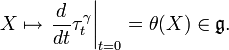  X \mapsto \left.\frac{d}{dt}\tau_t^\gamma\right|_{t=0} = \theta(X) \in \mathfrak{g}.