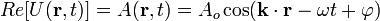 Re[U(\mathbf{r},t)]= A (\mathbf{r}, t ) = A_o \cos (\mathbf{k} \cdot \mathbf{r} - \omega t + \varphi )