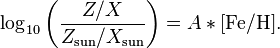 \log_{10}\left(\frac{Z/X}{Z_\mathrm{sun}/X_\mathrm{sun}}\right) = A*[\mathrm{Fe}/\mathrm{H}].