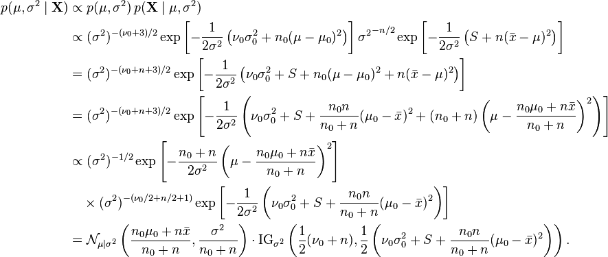 \begin{align}
p(\mu,\sigma^2\mid\mathbf{X}) & \propto p(\mu,\sigma^2) \, p(\mathbf{X}\mid\mu,\sigma^2) \\
& \propto (\sigma^2)^{-(\nu_0+3)/2} \exp\left[-\frac{1}{2\sigma^2}\left(\nu_0\sigma_0^2 + n_0(\mu-\mu_0)^2\right)\right] {\sigma^2}^{-n/2} \exp\left[-\frac{1}{2\sigma^2} \left(S + n(\bar{x} -\mu)^2\right)\right] \\
&= (\sigma^2)^{-(\nu_0+n+3)/2} \exp\left[-\frac{1}{2\sigma^2}\left(\nu_0\sigma_0^2 + S + n_0(\mu-\mu_0)^2 + n(\bar{x} -\mu)^2\right)\right] \\
&= (\sigma^2)^{-(\nu_0+n+3)/2} \exp\left[-\frac{1}{2\sigma^2}\left(\nu_0\sigma_0^2 + S + \frac{n_0 n}{n_0+n}(\mu_0-\bar{x})^2 + (n_0+n)\left(\mu-\frac{n_0\mu_0 + n\bar{x}}{n_0 + n}\right)^2\right)\right] \\
& \propto (\sigma^2)^{-1/2} \exp\left[-\frac{n_0+n}{2\sigma^2}\left(\mu-\frac{n_0\mu_0 + n\bar{x}}{n_0 + n}\right)^2\right] \\
& \quad\times (\sigma^2)^{-(\nu_0/2+n/2+1)} \exp\left[-\frac{1}{2\sigma^2}\left(\nu_0\sigma_0^2 + S + \frac{n_0 n}{n_0+n}(\mu_0-\bar{x})^2\right)\right] \\
& = \mathcal{N}_{\mu\mid\sigma^2}\left(\frac{n_0\mu_0 + n\bar{x}}{n_0 + n}, \frac{\sigma^2}{n_0+n}\right) \cdot {\rm IG}_{\sigma^2}\left(\frac12(\nu_0+n), \frac12\left(\nu_0\sigma_0^2 + S + \frac{n_0 n}{n_0+n}(\mu_0-\bar{x})^2\right)\right).
\end{align}