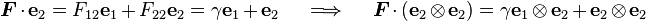 
   \boldsymbol{F}\cdot\mathbf{e}_2 = F_{12}\mathbf{e}_1 + F_{22}\mathbf{e}_2 = \gamma\mathbf{e}_1 + \mathbf{e}_2
   \quad \implies \quad
   \boldsymbol{F}\cdot(\mathbf{e}_2\otimes\mathbf{e}_2) = \gamma\mathbf{e}_1\otimes\mathbf{e}_2 + \mathbf{e}_2\otimes\mathbf{e}_2
 