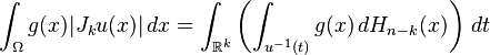 \int_\Omega g(x) |J_k u(x)|\, dx = \int_{\mathbb{R}^k} \left(\int_{u^{-1}(t)}g(x)\,dH_{n-k}(x)\right)\,dt