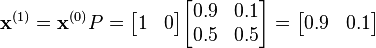 
    \mathbf{x}^{(1)} = \mathbf{x}^{(0)} P  = 
    \begin{bmatrix}
        1 & 0
    \end{bmatrix}
    \begin{bmatrix}
        0.9 & 0.1 \\
        0.5 & 0.5
    \end{bmatrix}
    
    = \begin{bmatrix}
        0.9 & 0.1
    \end{bmatrix} 
