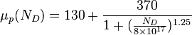 \mu_p(N_D) = 130 + \frac{370}{1+(\frac{N_D}{8\times10^{17}})^{1.25}}