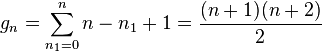 
g_n = \sum_{n_1=0}^n n - n_1 + 1 = \frac{(n+1)(n+2)}{2}
