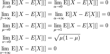  \begin{align} 
\lim_{\beta\to  0} \operatorname{E}[|X - E[X]|] &=\lim_{\alpha \to  0} \operatorname{E}[|X - E[X]|]= 0 \\
\lim_{\beta\to  \infty} \operatorname{E}[|X - E[X]|] &=\lim_{\alpha \to  \infty} \operatorname{E}[|X - E[X]|] = 0\\ 
\lim_{\mu \to  0} \operatorname{E}[|X - E[X]|]&=\lim_{\mu \to  1} \operatorname{E}[|X - E[X]|] = 0\\
\lim_{\nu \to  0} \operatorname{E}[|X - E[X]|] &= \sqrt{\mu (1-\mu)} \\
\lim_{\nu \to  \infty} \operatorname{E}[|X - E[X]|] &= 0
\end{align}