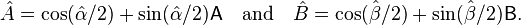 \hat{A}=\cos(\hat{\alpha}/2)+ \sin(\hat{\alpha}/2)\mathsf{A}\quad
\text{and}\quad \hat{B}=\cos(\hat{\beta}/2)+ \sin(\hat{\beta}/2)\mathsf{B}.