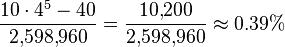 \frac {10 \cdot 4^5 - 40} {2{,}598{,}960} = \frac {10{,}200} {2{,}598{,}960} \approx 0.39\% 