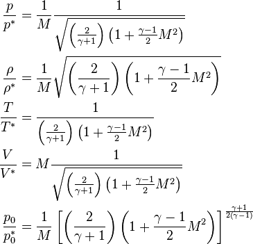 \begin{align}
\frac{p}{p^*} &= \frac{1}{M}\frac{1}{\sqrt{\left(\frac{2}{\gamma + 1}\right)\left(1 + \frac{\gamma - 1}{2}M^2\right)}} \\
\frac{\rho}{\rho^*} &= \frac{1}{M}\sqrt{\left(\frac{2}{\gamma + 1}\right)\left(1 + \frac{\gamma - 1}{2}M^2\right)} \\
\frac{T}{T^*} &= \frac{1}{\left(\frac{2}{\gamma + 1}\right)\left(1 + \frac{\gamma - 1}{2}M^2\right)} \\
\frac{V}{V^*} &= M\frac{1}{\sqrt{\left(\frac{2}{\gamma + 1}\right)\left(1 + \frac{\gamma - 1}{2}M^2\right)}} \\
\frac{p_0}{p_0^*} &= \frac{1}{M}\left[\left(\frac{2}{\gamma + 1}\right)\left(1 + \frac{\gamma - 1}{2}M^2\right)\right]^\frac{\gamma + 1}{2\left(\gamma - 1\right)}
\end{align} 