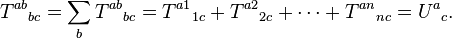 T^{ab}{}_{bc}=\sum _{b}{T^{ab}{}_{bc}}=T^{a1}{}_{1c}+T^{a2}{}_{2c}+\cdots +T^{an}{}_{nc}=U^{a}{}_{c}.