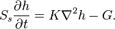 S_s \frac{\partial h}{\partial t} = K\nabla^2 h - G.