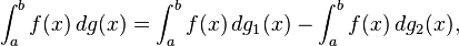 \int _{a}^{b}f(x)\,dg(x)=\int _{a}^{b}f(x)\,dg_{1}(x)-\int _{a}^{b}f(x)\,dg_{2}(x),