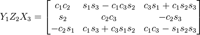 Y_1 Z_2 X_3 = \begin{bmatrix}
 c_1 c_2 & s_1 s_3 - c_1 c_3 s_2 & c_3 s_1 + c_1 s_2 s_3 \\
 s_2 & c_2 c_3 & - c_2 s_3 \\
 - c_2 s_1 & c_1 s_3 + c_3 s_1 s_2 & c_1 c_3 - s_1 s_2 s_3 
\end{bmatrix}