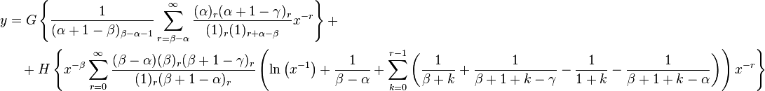 \begin{align}
 y &= G \left \{ \frac{1}{(\alpha + 1 - \beta)_{\beta - \alpha - 1}} \sum_{r = \beta - \alpha}^\infty \frac{(\alpha)_r (\alpha + 1 - \gamma)_r}{(1)_r (1)_{r + \alpha - \beta}} x^{-r} \right \} + \\
& \quad + H \left \{ x^{-\beta} \sum_{r = 0}^\infty \frac{(\beta - \alpha) (\beta)_r (\beta + 1 - \gamma)_r}{(1)_r (\beta + 1 - \alpha)_r} \left (\ln \left (x^{-1} \right ) + \frac{1}{\beta - \alpha } + \sum_{k = 0}^{r - 1} \left(\frac{1}{\beta + k} + \frac{1}{\beta + 1 + k - \gamma} - \frac{1}{1 + k} - \frac{1}{\beta + 1 + k - \alpha} \right) \right ) x^{-r} \right \}
\end{align}