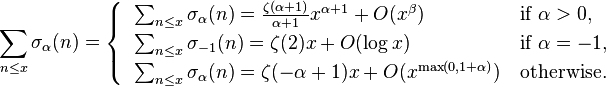 
\sum_{n\le x}\sigma_{\alpha}(n)=
\begin{cases}
\;\;\sum_{n\le x}\sigma_\alpha(n)=\frac{\zeta(\alpha+1)}{\alpha+1}x^{\alpha+1}+O(x^\beta) & \text{if } \alpha>0, \\
\;\;\sum_{n\le x}\sigma_{-1}(n)=\zeta(2)x+O(\log x) & \text{if } \alpha=-1, \\
\;\;\sum_{n\le x}\sigma_\alpha(n)=\zeta(-\alpha+1)x+O(x^{\max(0,1+\alpha)}) & \text{otherwise.}
\end{cases}
