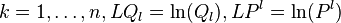 k= 1, \dotsc, n , LQ_l = \ln(Q_l), LP^l = \ln(P^l)