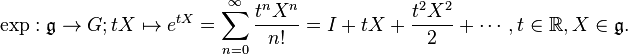 \exp: \mathfrak g \rightarrow G; tX \mapsto e^{tX} = \sum_{n=0}^\infty \frac{t^nX^n}{n!} = I + tX + \frac{t^2X^2}{2} + \cdots, t \in \mathbb R, X \in \mathfrak g .