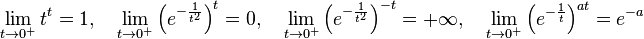  \lim_{t \to 0^+} {t}^{t} = 1, \quad \lim_{t \to 0^+} \left(e^{-\frac{1}{t^2}}\right)^t = 0, \quad \lim_{t \to 0^+} \left(e^{-\frac{1}{t^2}}\right)^{-t} = +\infty, \quad \lim_{t \to 0^+} \left(e^{-\frac{1}{t}}\right)^{at} = e^{-a}