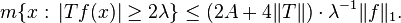 m\{x:\, |Tf(x)| \ge 2\lambda\} \le (2A+4\|T\|)\cdot \lambda^{-1} \|f\|_1.