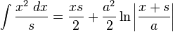 \int {\frac {x^{2}\;dx}{s}}={\frac {xs}{2}}+{\frac {a^{2}}{2}}\ln \left|{\frac {x+s}{a}}\right|