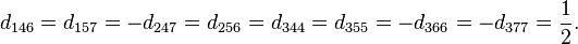 d_{146} = d_{157} = -d_{247} = d_{256} = d_{344} = d_{355} = -d_{366} = -d_{377} = \frac{1}{2}. \,