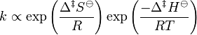 k\propto\exp\left(\frac{\Delta^\ddagger S^\ominus}{R}\right)\exp\left(\frac{-\Delta^\ddagger H^\ominus}{RT}\right)