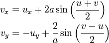 \begin{align}
v_x & = u_x + 2a \sin \Bigl( \frac{u+v}{2} \Bigr) \\
v_y & = -u_y + \frac{2}{a} \sin \Bigl( \frac{v-u}{2} \Bigr)
\end{align} \,\!