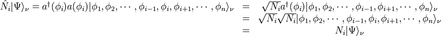 \begin{matrix}
\hat{N_i}|\Psi\rangle_\nu = a^{\dagger}(\phi_i)a(\phi_i) |\phi_1,\phi_2,\cdots,\phi_{i-1},\phi_i,\phi_{i+1},\cdots,\phi_n\rangle_\nu
&=& \sqrt{N_i} a^{\dagger}(\phi_i) |\phi_1,\phi_2,\cdots,\phi_{i-1},\phi_{i+1},\cdots,\phi_n\rangle_\nu \\ &=& \sqrt{N_i} \sqrt{N_i} |\phi_1,\phi_2,\cdots,\phi_{i-1},\phi_{i},\phi_{i+1},\cdots,\phi_n\rangle_\nu \\&=& N_i|\Psi\rangle_\nu\\
\end{matrix}