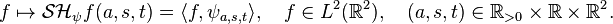  f \mapsto \mathcal{SH}_\psi f(a, s, t) = \langle f, \psi_{a,s,t} \rangle, \quad f \in L^2(\R^2), \quad (a, s, t) \in \R_{>0} \times \R \times \R^2. 