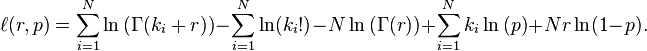 \ell(r,p) = \sum_{i=1}^N \ln{(\Gamma(k_i + r))} - \sum_{i=1}^N \ln(k_i !) - N\ln{(\Gamma(r))} + \sum_{i=1}^N k_i \ln{(p)} + Nr \ln(1-p).