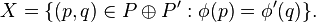  X = \{ (p,q) \in P \oplus P^\prime : \phi(p) = \phi^\prime(q) \}. 