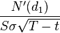 \frac{N'(d_1)}{S\sigma\sqrt{T - t}}\,