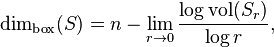 \dim_\text{box}(S) = n - \lim_{r \to 0} \frac{\log \text{vol}(S_r)}{\log r},