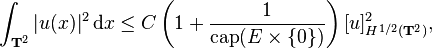 \int_{\mathbf{T}^{2}} | u(x) |^{2} \, \mathrm{d} x \leq C \left( 1 + \frac1{\mathrm{cap} (E \times \{ 0 \})} \right) [ u ]_{H^{1/2} (\mathbf{T}^{2})}^{2},