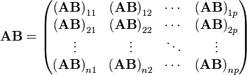 \mathbf{A}\mathbf{B} =\begin{pmatrix}
 \left(\mathbf{AB}\right)_{11} & \left(\mathbf{AB}\right)_{12} & \cdots & \left(\mathbf{AB}\right)_{1p} \\
 \left(\mathbf{AB}\right)_{21} & \left(\mathbf{AB}\right)_{22} & \cdots & \left(\mathbf{AB}\right)_{2p} \\
\vdots & \vdots & \ddots & \vdots \\
 \left(\mathbf{AB}\right)_{n1} & \left(\mathbf{AB}\right)_{n2} & \cdots & \left(\mathbf{AB}\right)_{np} \\
\end{pmatrix}