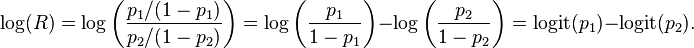 \operatorname{log}(R)=\log\left( \frac{{p_1}/(1-p_1)}{{p_2}/(1-p_2)} \right) =\log\left( \frac{p_1}{1-p_1} \right) - \log\left(\frac{p_2}{1-p_2}\right)=\operatorname{logit}(p_1)-\operatorname{logit}(p_2). \!\,