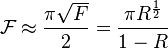  \mathcal{F} \approx \frac{\pi \sqrt{F}}{2} = \frac{\pi R^\frac{1}{2} }{1 - R} 