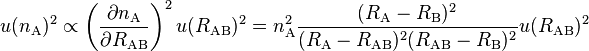 u(n_\mathrm{A})^2 \propto \left ({\frac{\partial{n_\mathrm{A}}}{\partial R_\mathrm{AB}}} \right)^2 u(R_\mathrm{AB})^2 = n_\mathrm{A}^2 \frac{(R_\mathrm{A}-R_\mathrm{B})^2}{(R_\mathrm{A}-R_\mathrm{AB})^2(R_\mathrm{AB}-R_\mathrm{B})^2} u(R_\mathrm{AB})^2