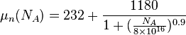 \mu_n(N_A) = 232 + \frac{1180}{1+(\frac{N_A}{8\times10^{16}})^{0.9}}