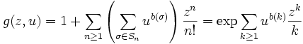  g(z, u) = 
1 + \sum_{n\ge 1} \left( \sum_{\sigma\in S_n} u^{b(\sigma)} \right) \frac{z^n}{n!} =
\exp \sum_{k\ge 1} u^{b(k)} \frac{z^k}{k}